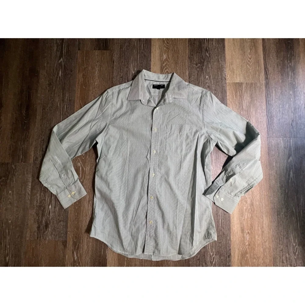 Banana Republic Dress Shirt Mens L‎ Green White Stripe Non-Iron Tailored